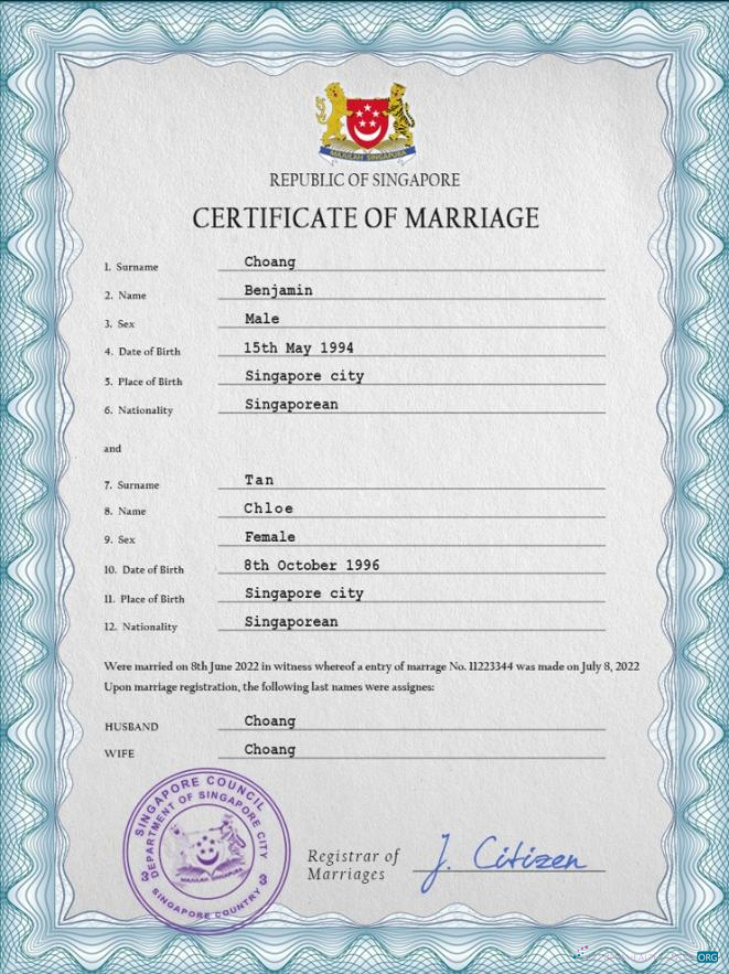 Download Singapore marriage certificate PSD template Photoshop template